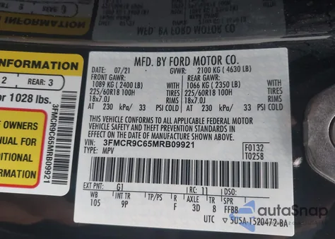 2021 Ford Bronco Sport Outer Banks из США, поврежденный, VIN 3FMCR9C65MRB09921